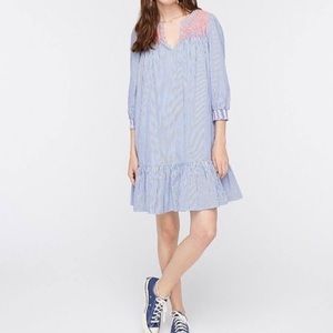 J Crew Embroidered Popover Dress Ruffle Blue White Stripe Small